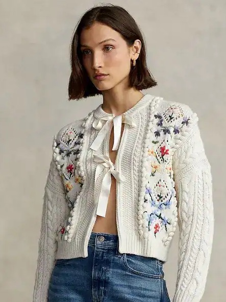 Ralph Lauren Embroidered Cable Wool-Blend Cardigan | Xs